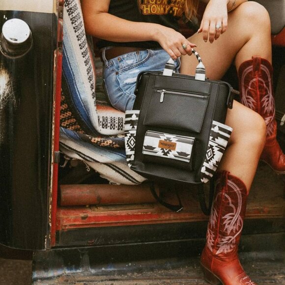 Chic Black Wrangler Aztec Backpack Purse with Adjustable Straps & Zipper Closure - Picture 2 of 7